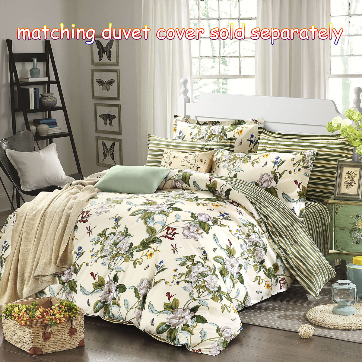 FADFAY Shabby Floral Sheets California King 100% Cotton 600 TC White Flower and Green Leaves Bedding Vintage Garden Botanical Print Country Side Bed Sheet Soft Hypoallergenic Deep Pocket Sheet 17.5''