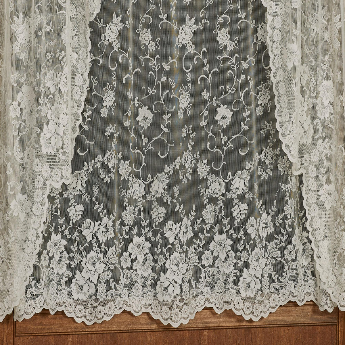 Luxury Sheer Polyester Enchanting Roses Lace Window Treatment | 3 Piece Set: Scallop Valance, 63L Swag Pair, and 63L Panel | Classic Flower | Ivory | Rod Pocket | Machine washable | Light Filtering