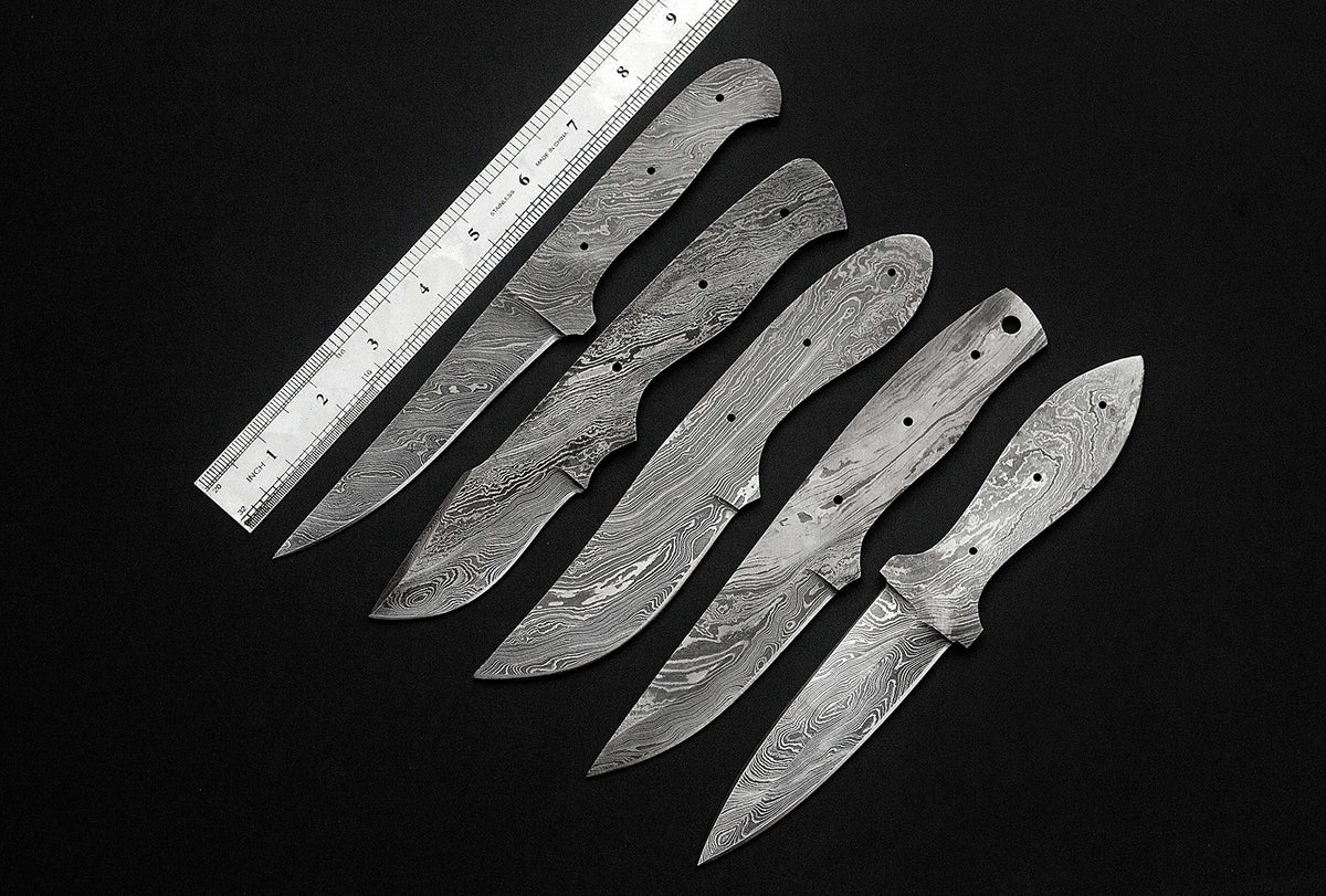 5 pieces set of 8 to 9.5 inches long hand forged twist pattern Damascus steel blank blade skinning knife set, Over all 44 inches long blades compact pocket knife blanks, knife making supplies