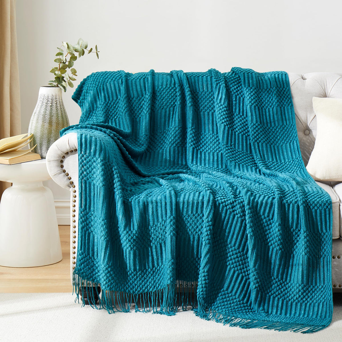HommxJF Teal Knitted Decorative Throw Blankets for Couch, Bedroom and Officeroom,Textured Fade Resistant Soft and Warm Knit Blanket with Tassel,50"x60"