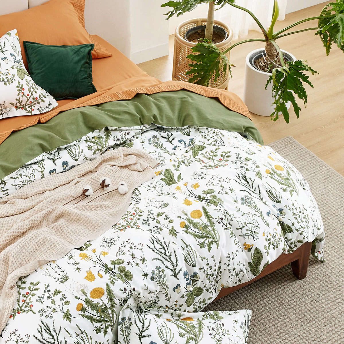 Bedsure Duvet Cover Queen Size - 100% Cotton Reversible Floral Queen Duvet Cover Set with Zipper Closure, 3 Pieces Soft & Breathable PureWoven Green Bedding Set with 2 Pillow Shams 20"x26"