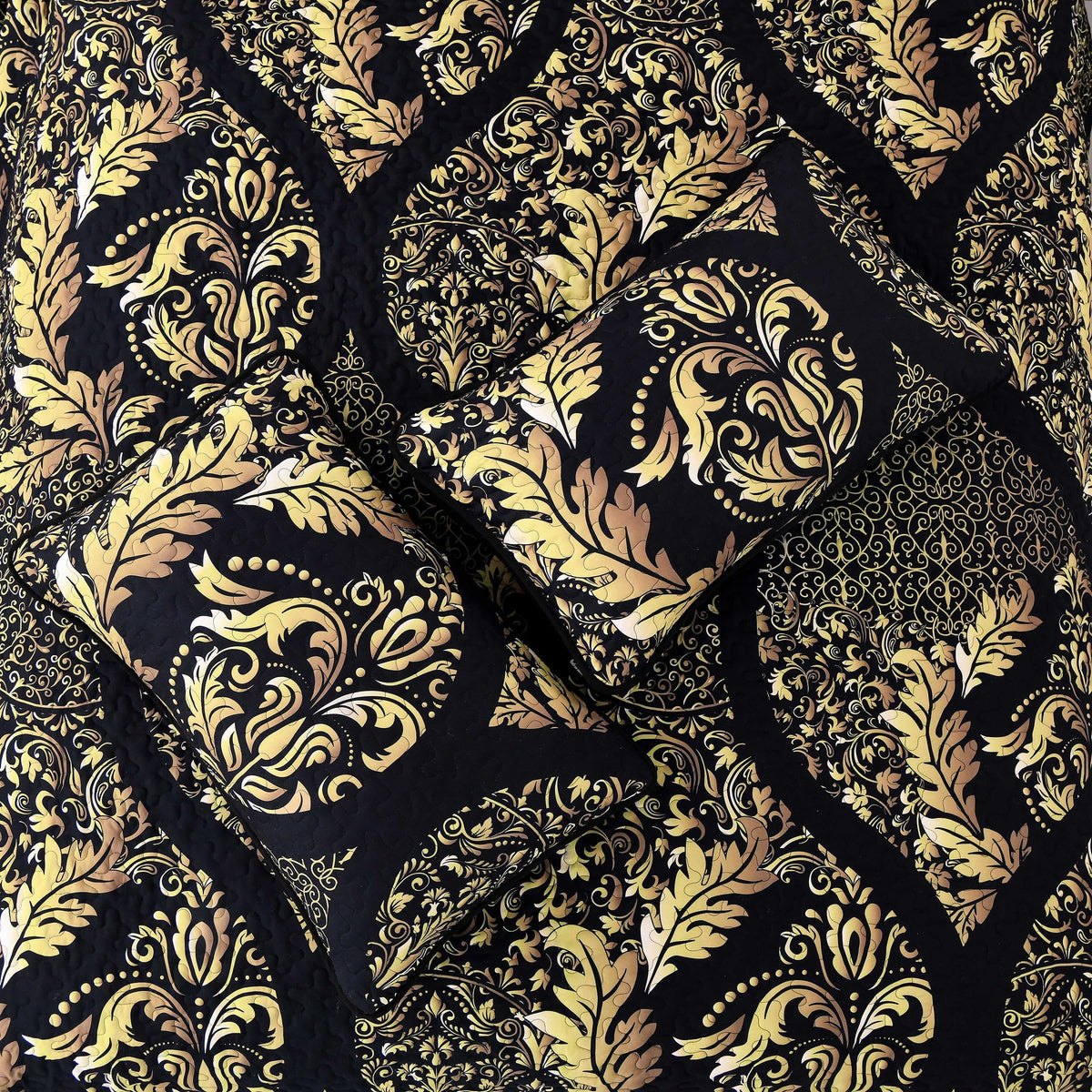 DJY Black Quilt Set Queen Size, Boho Gold Damask Bedspread Coverlet Set Soft Lightweight Microfiber Luxury Bedding Set 3 Pieces for All Season (96"x90")