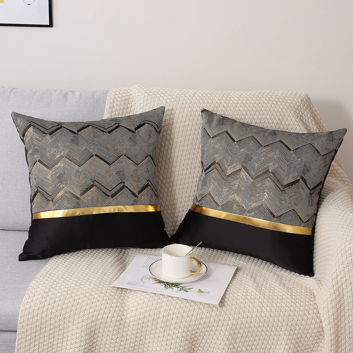 Gujiahone Throw Pillow Covers Set of 2 Black Gold Leather Striped Patchwork Jacquard Cushion Case Luxury Modern Square Decorative Cushion Covers for Sofa Couch Bed Home Decoration 20 x 20 Inch