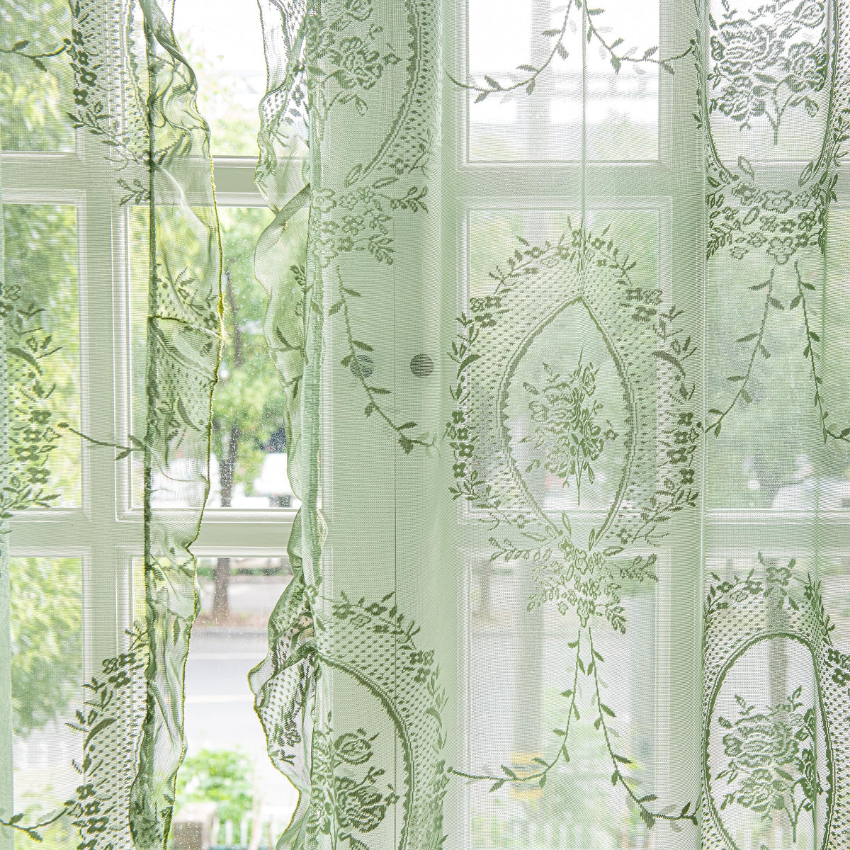 Lavyhuno Lace Curtains 84 Inches Long for Bedroom Living Room 2 Panels, Farmhouse Florals Embroidery Sheer Privacy Drapes for Christmas Decor Window Treatments Rod Pocket, W57 X L84 Olive Green